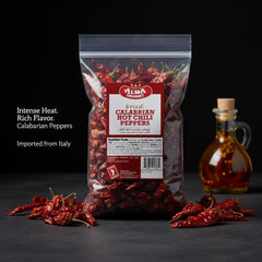 Alma Gourmet close-up whole dried Calabrian peppers showing vibrant color and aroma