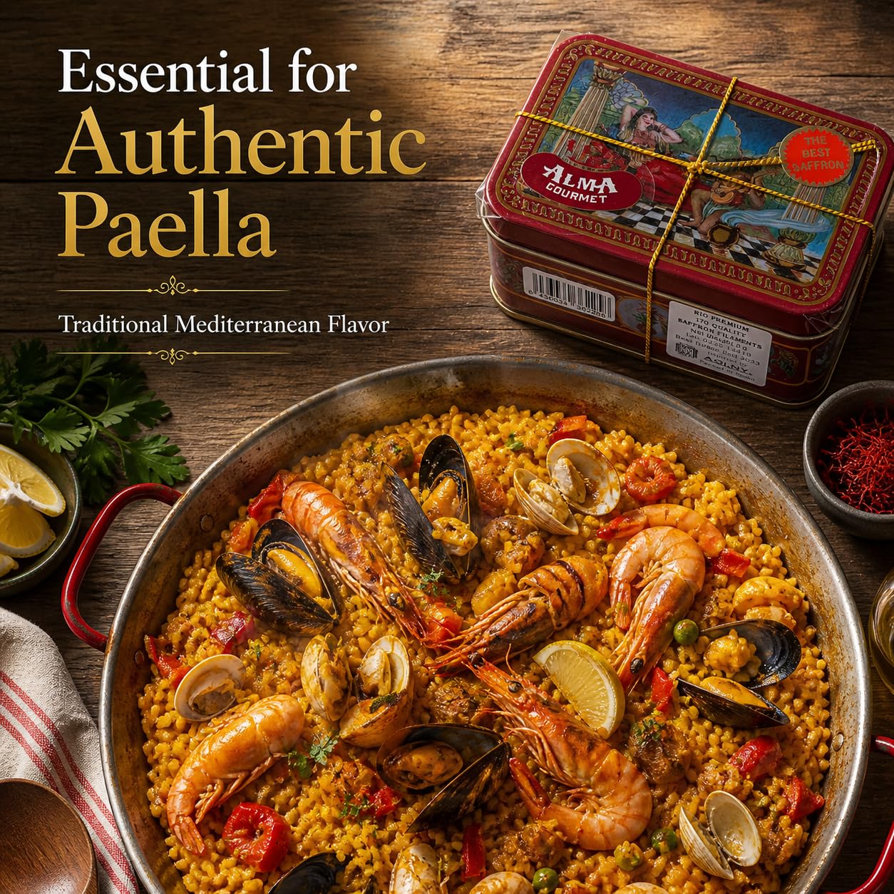Alma Gourmet 5g saffron next to teaspoon showing portion size advantage