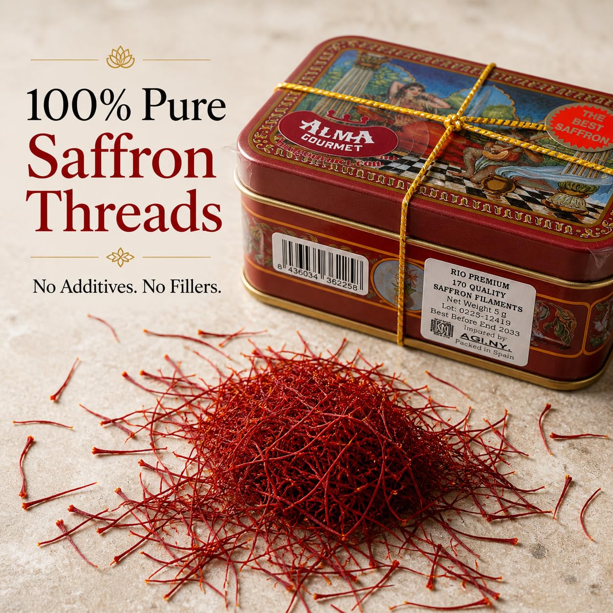 Alma Gourmet saffron threads steeping in warm water to release color
