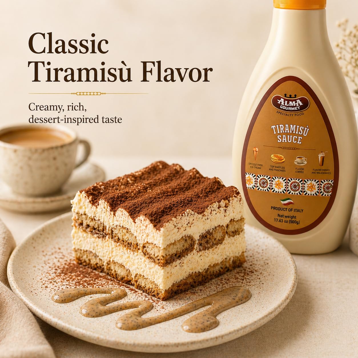 Alma Gourmet sauce finishing a plated dessert for professional presentation