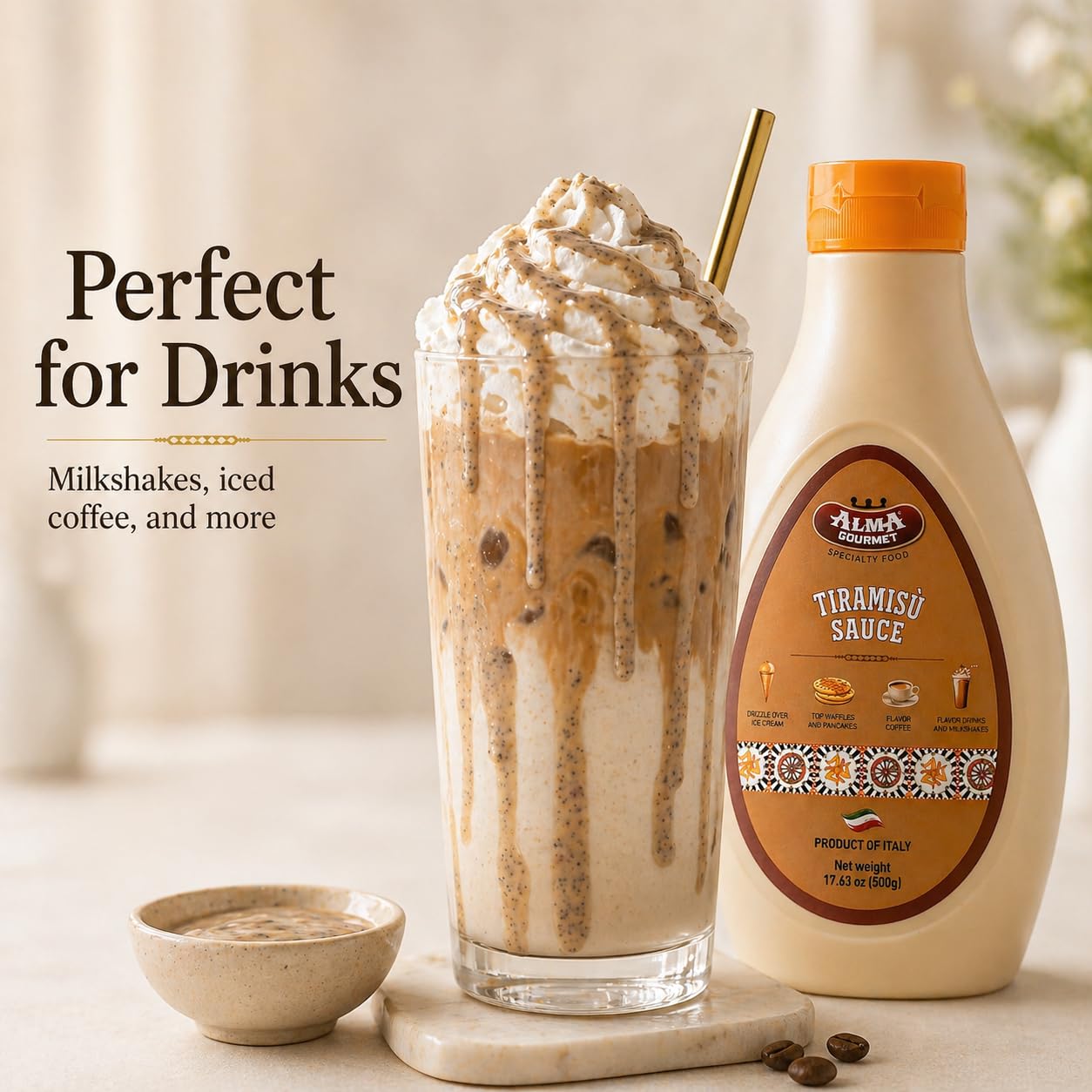 Alma Gourmet used as milkshake garnish for boosted coffee‑cocoa taste