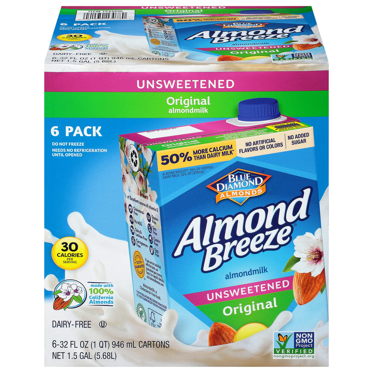 Almond Breeze front packaging showing 32 oz carton and product benefit
