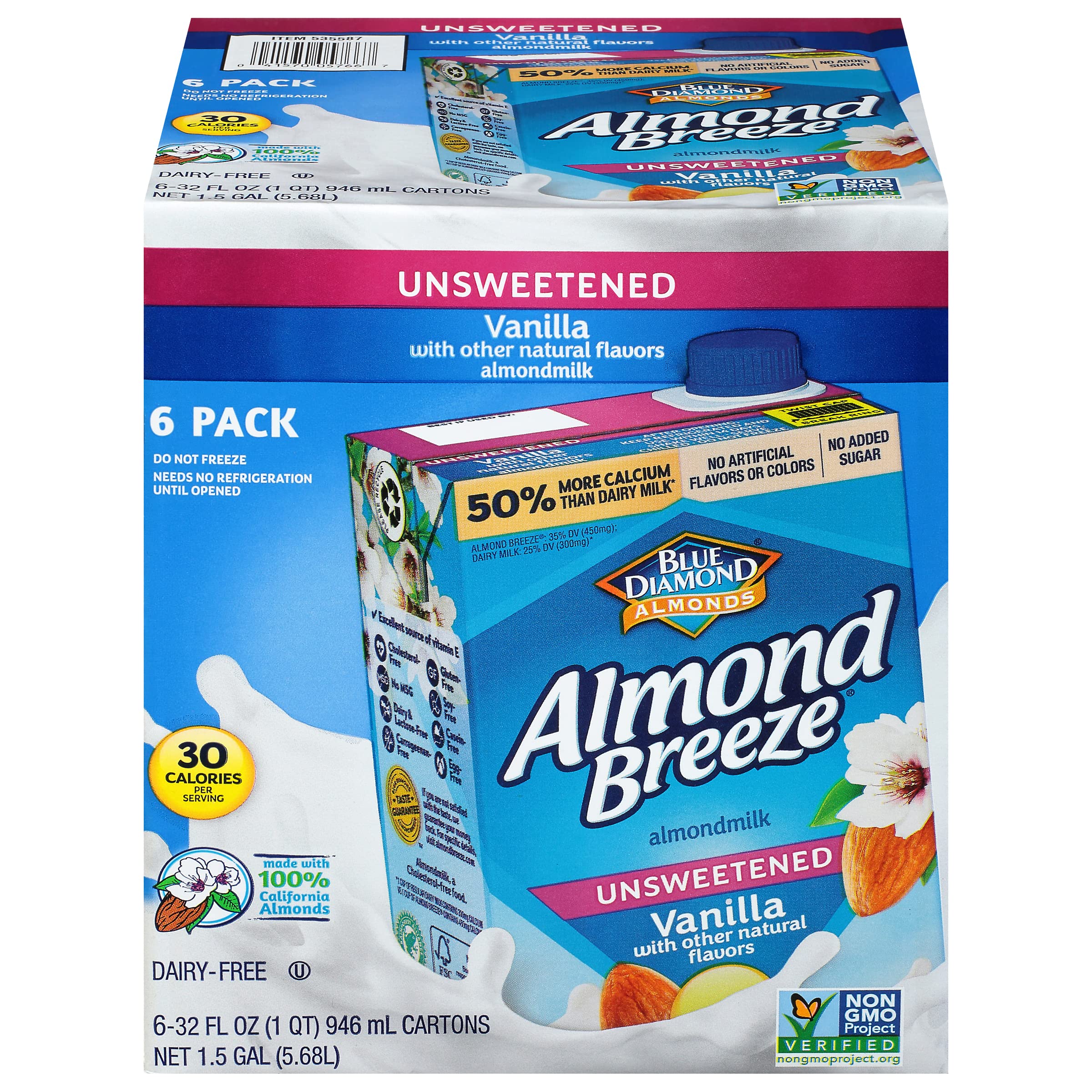 Almond Breeze front packaging showing unsweetened vanilla and benefits