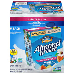 Almond Breeze front packaging showing unsweetened vanilla and benefits