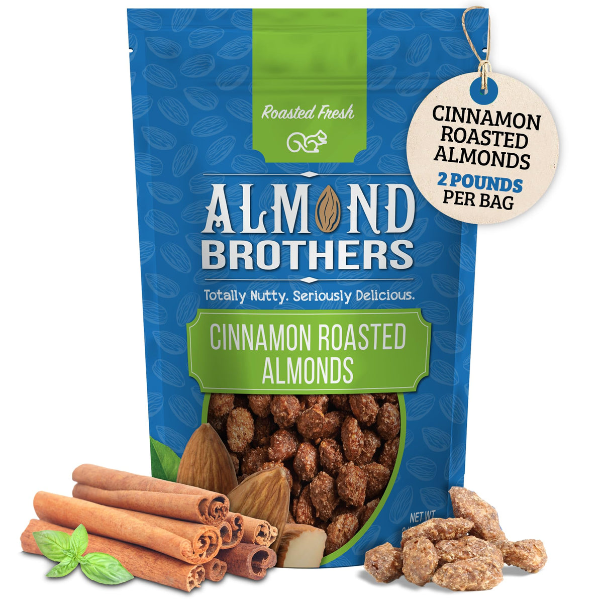 Almond Brothers front packaging 2 lb bag showing brand and cinnamon glaze benefits