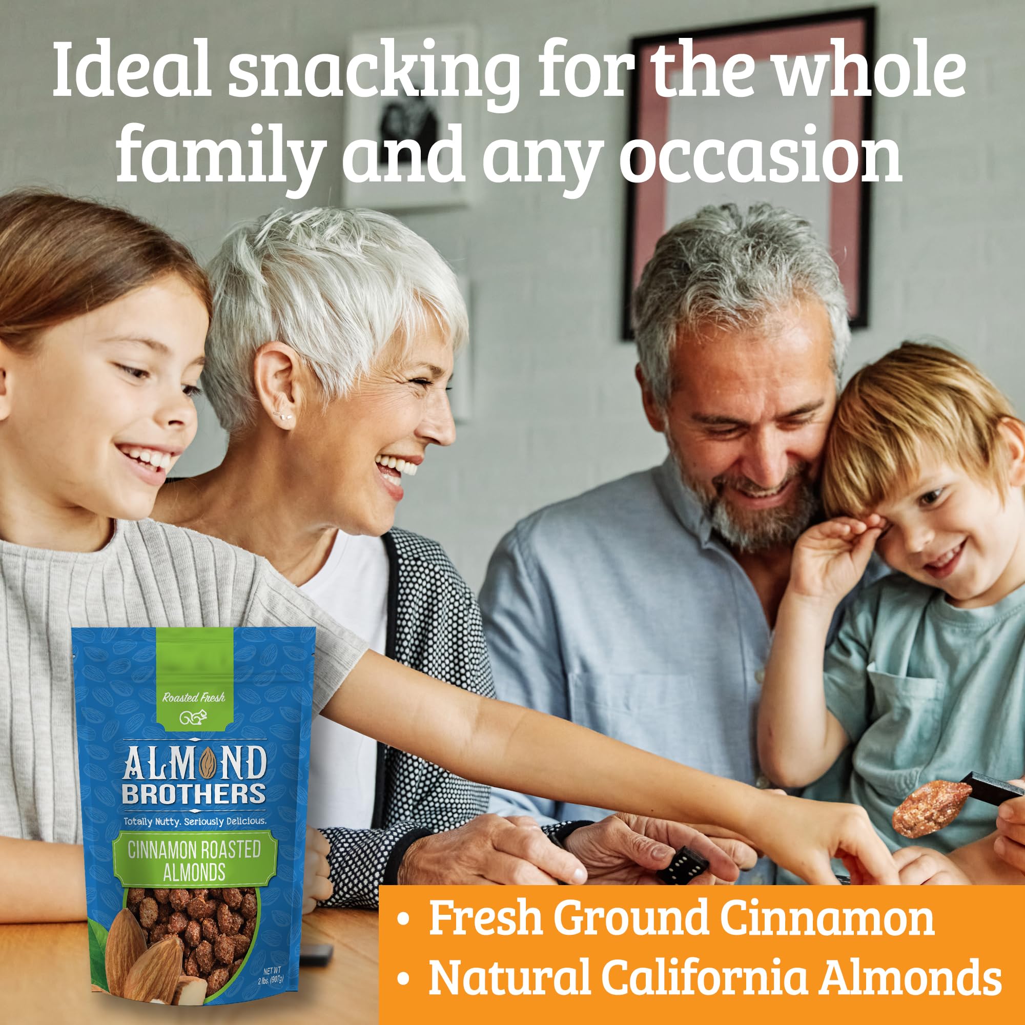 Almond Brothers nut ingredient label close-up showing Non-GMO and gluten-free benefits
