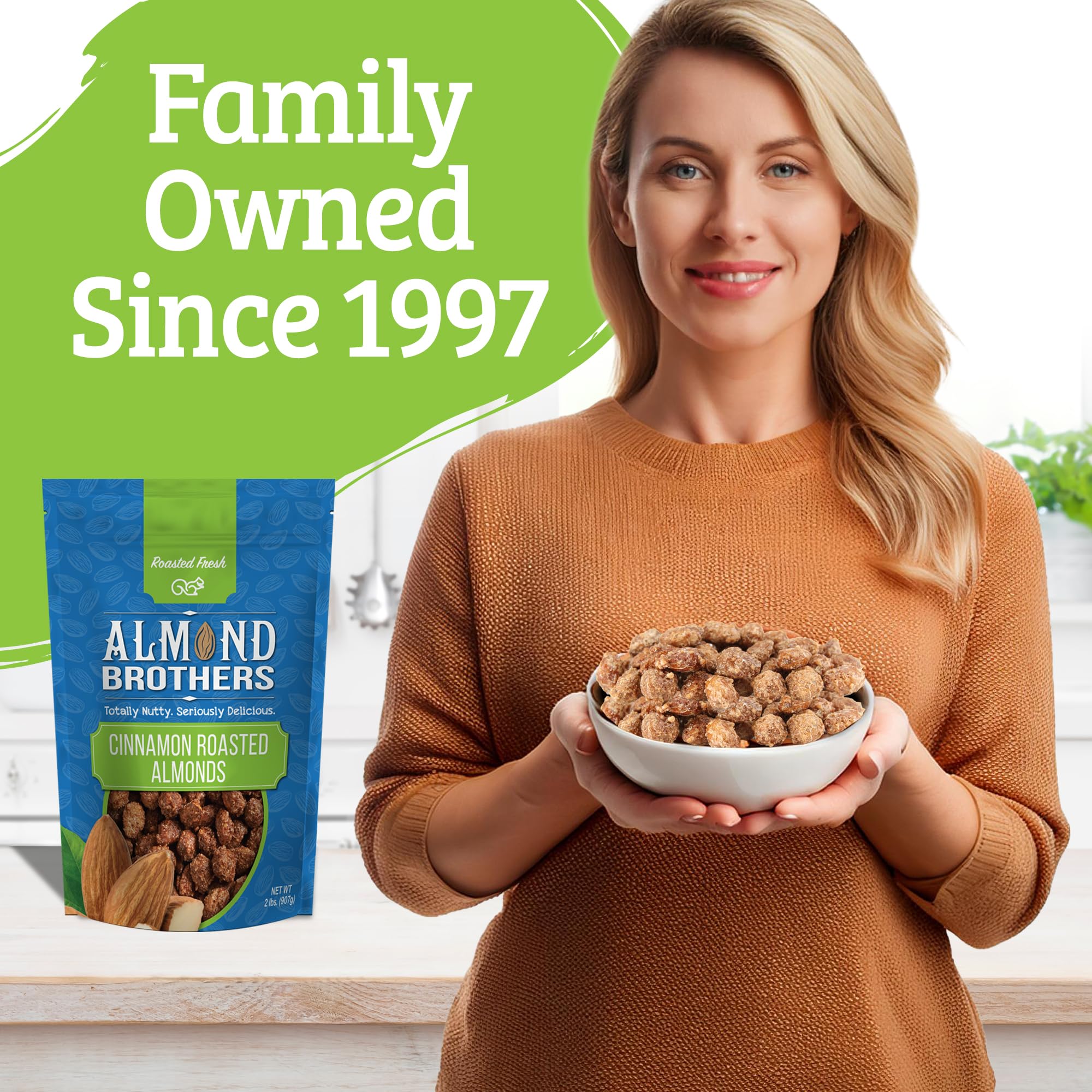 Almond Brothers portion size comparison two pound bag versus single serving for pantry planning