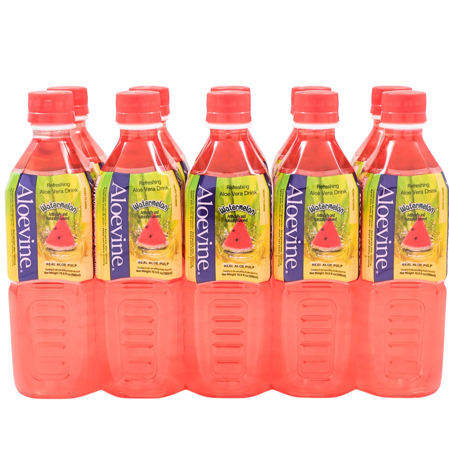 Aloevine front packaging showing watermelon flavor and pack of ten for easy stocking