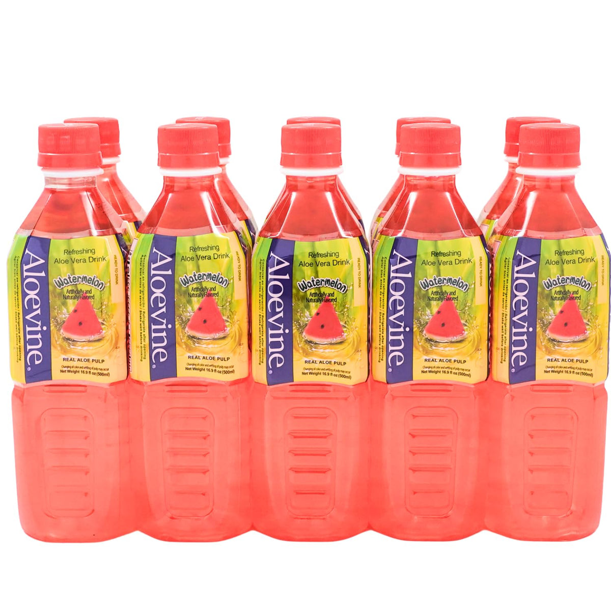 Aloevine front packaging showing watermelon flavor and pack of ten for easy stocking