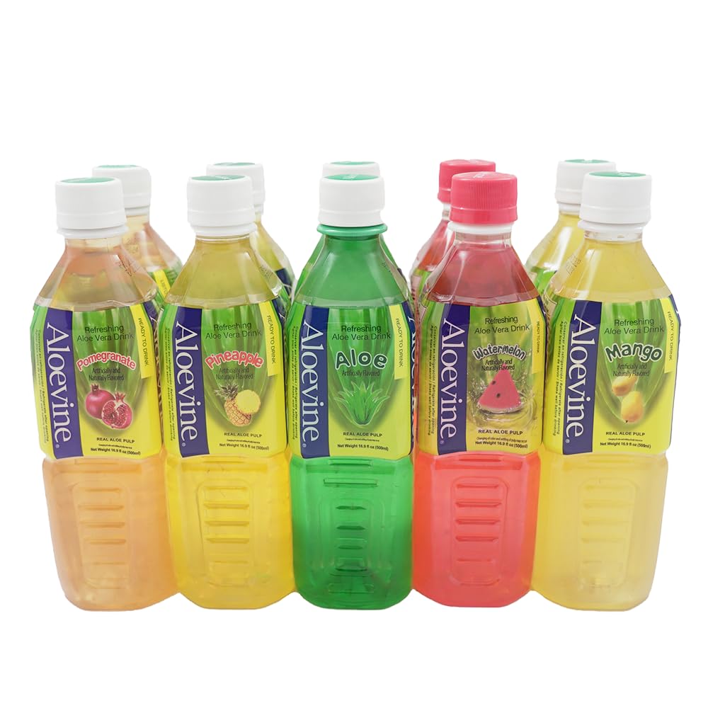 Aloevine front packaging showing five-flavor variety and pack of ten for convenient refreshment
