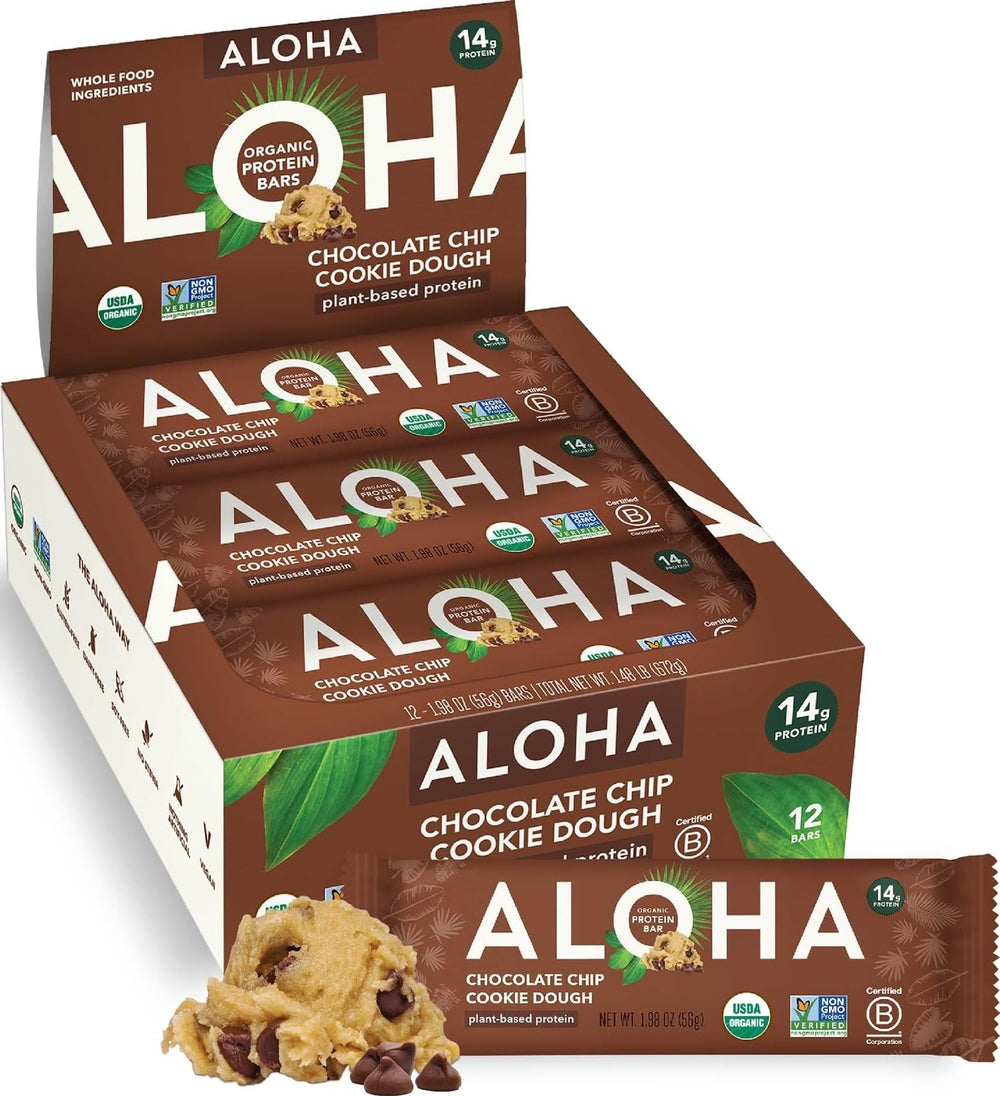 ALOHA box front view showing organic chocolate chip cookie dough bars and benefits