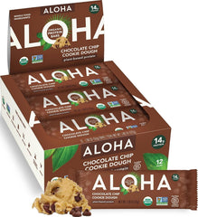 ALOHA box front view showing organic chocolate chip cookie dough bars and benefits