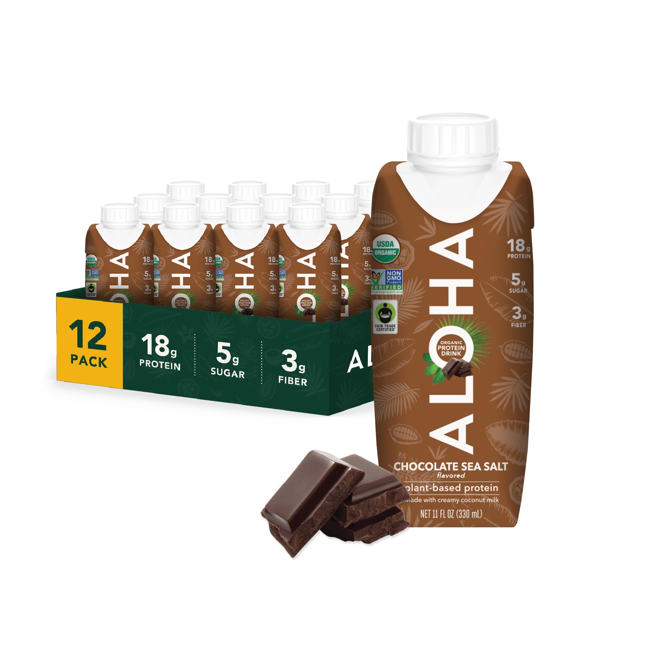 ALOHA front packaging showing chocolate sea salt flavor and benefits