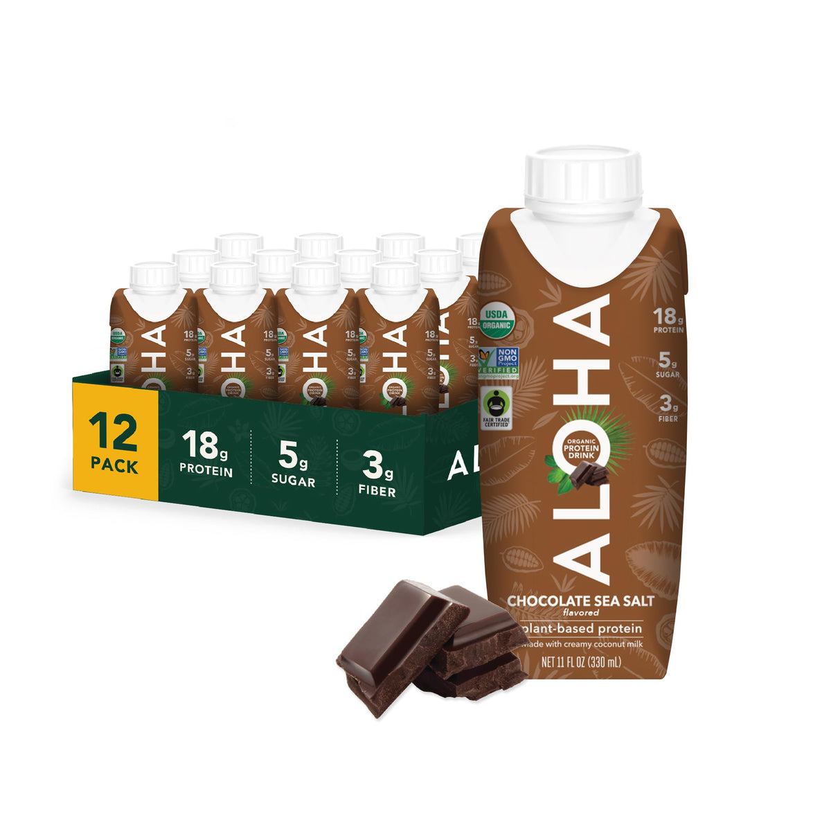 ALOHA front packaging showing chocolate sea salt flavor and benefits