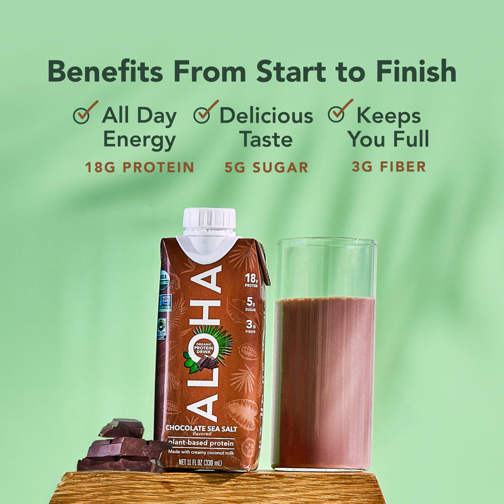 ALOHA pouring into glass showing creamy chocolate shake for quick fuel
