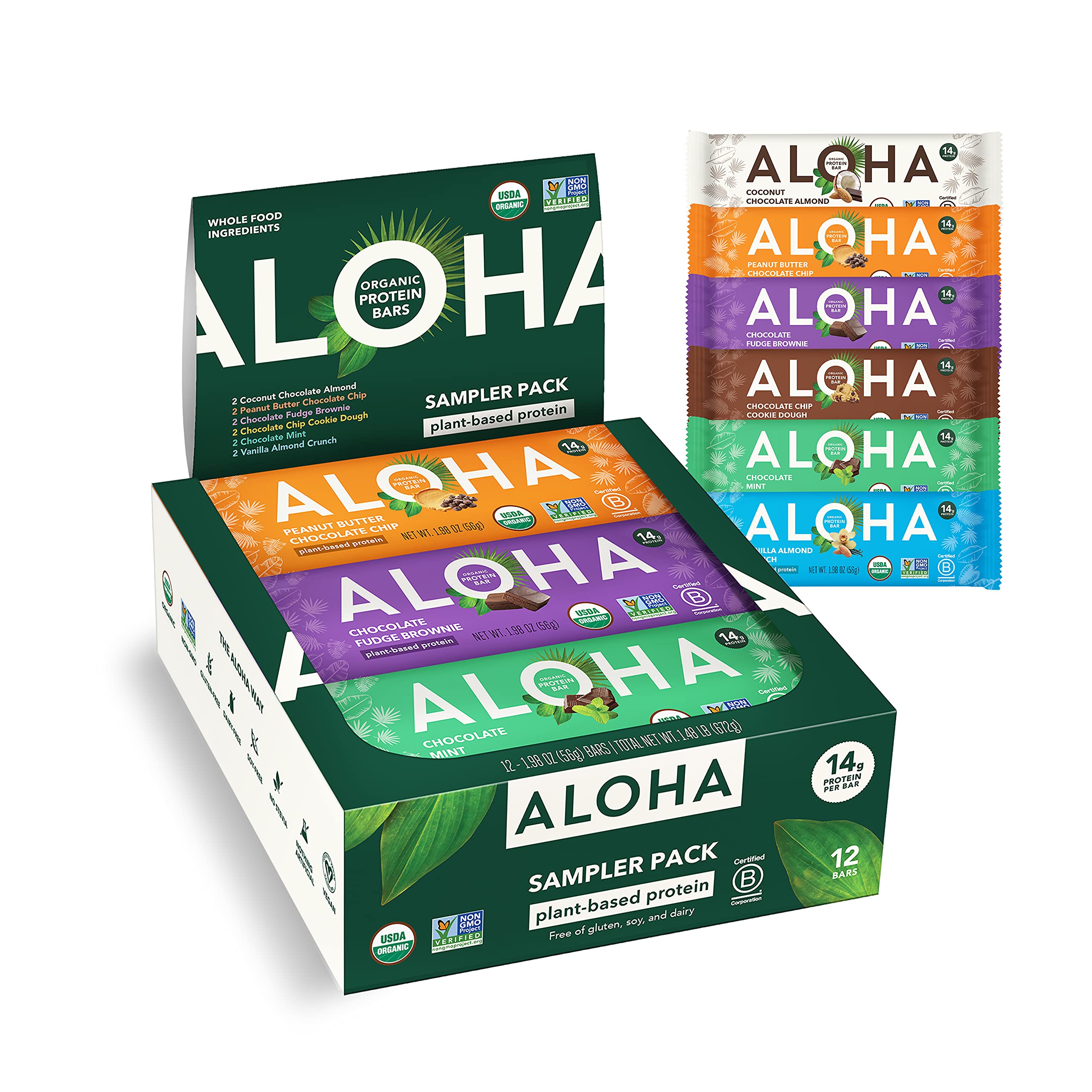 ALOHA front packaging showing 6-flavor sampler and organic badge for variety