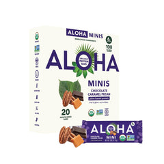 ALOHA front packaging showing 20-count box and mini bars for convenient snacking