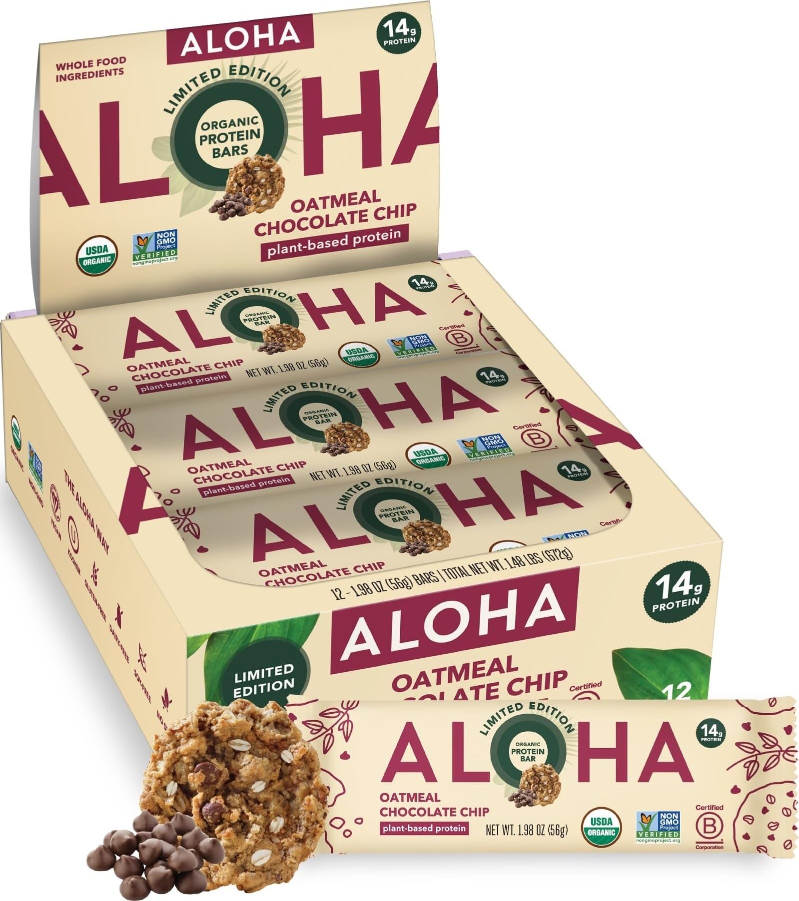ALOHA front box showing 12-count packaging and organic label, clear benefit convenience