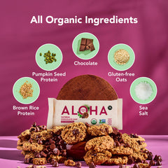 ALOHA single unwrapped bar with visible chocolate chips and oats, appealing taste benefit