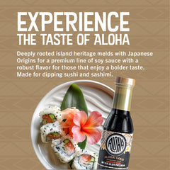 Aloha brand shoyu being poured highlighting rich texture and flavor