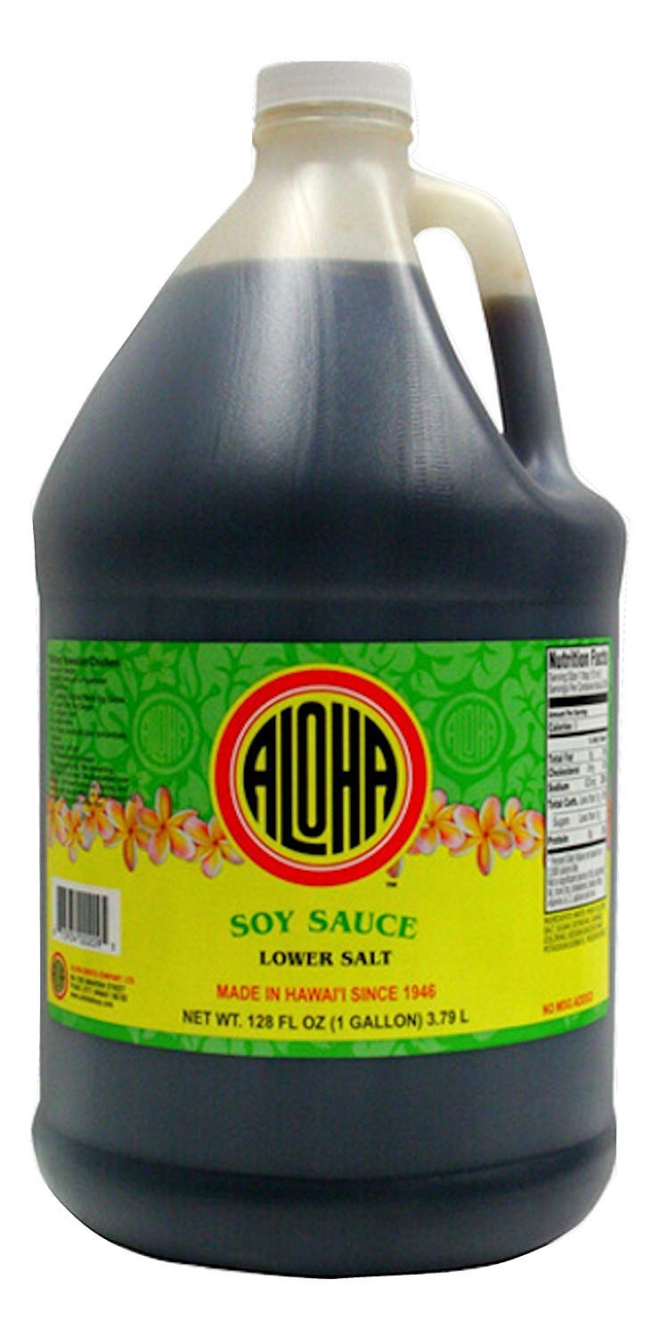ALOHA Shoyu lower-salt soy sauce gallon bottle front view shows authentic flavor with less sodium