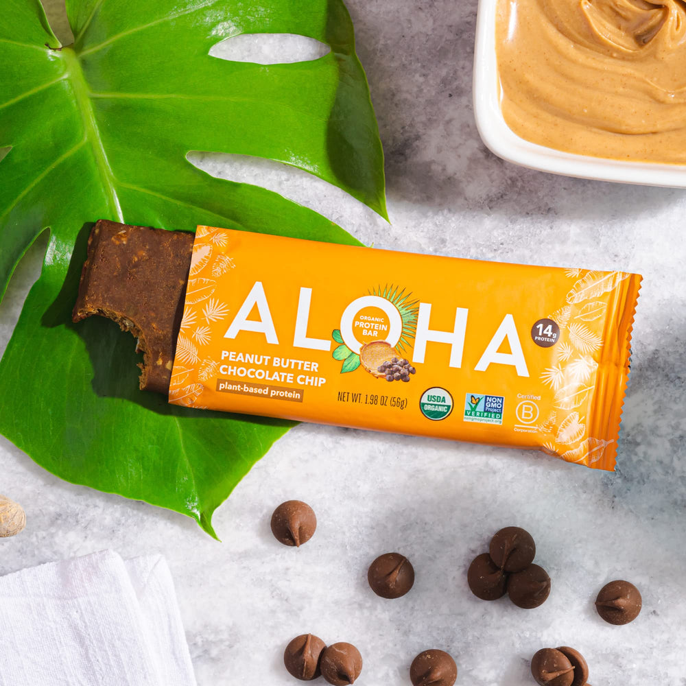 ALOHA bar in hand for scale showing portable, portioned nutrition