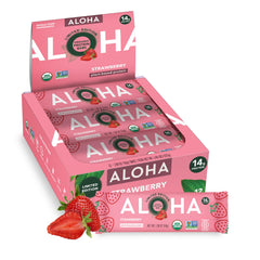 ALOHA front pack showing strawberry bar and organic badge for trust
