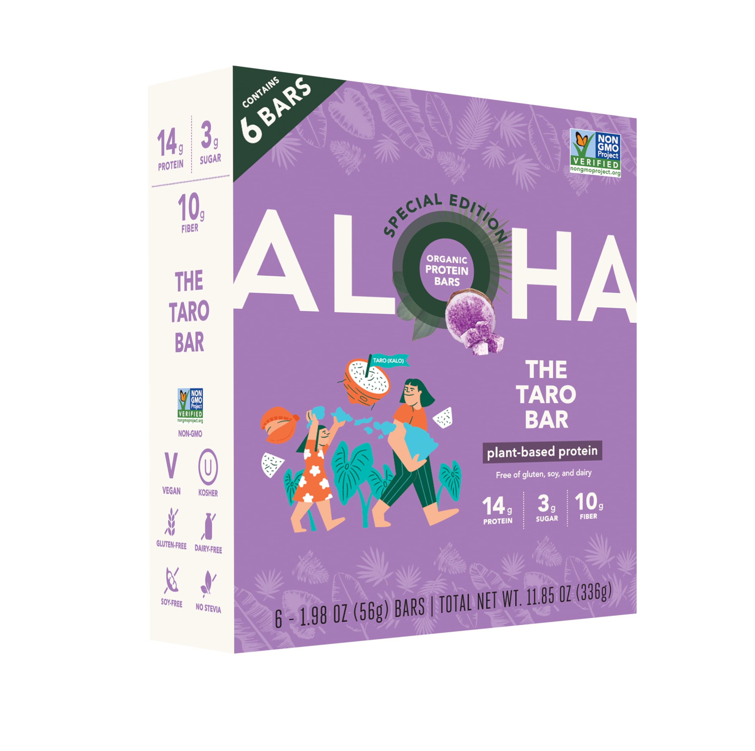 ALOHA front packaging of taro bar showing organic label and serving count, clear ingredient callout