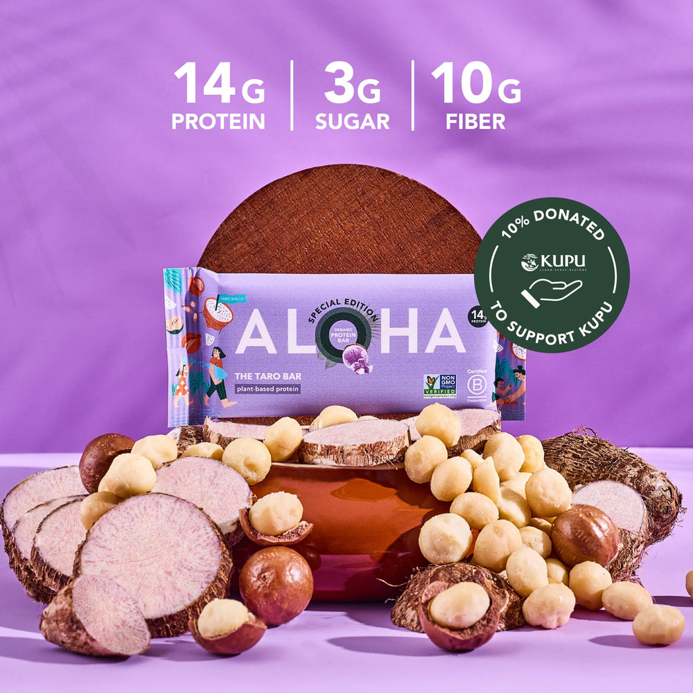 ALOHA flatlay with macadamia nuts, coconut flakes, and poi powder showing whole-food ingredients