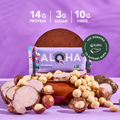 ALOHA flatlay with macadamia nuts, coconut flakes, and poi powder showing whole-food ingredients
