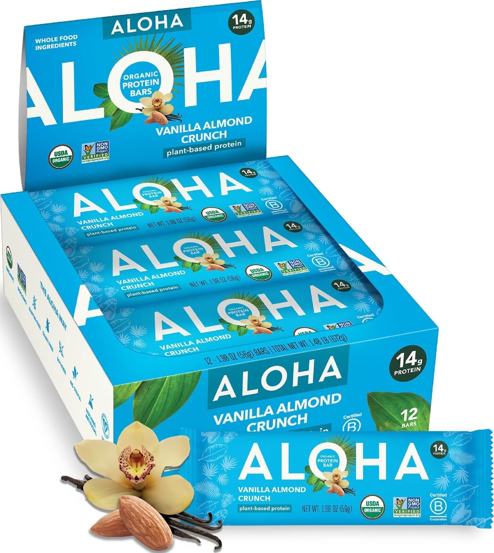 ALOHA front packaging showing organic vanilla almond crunch and benefits