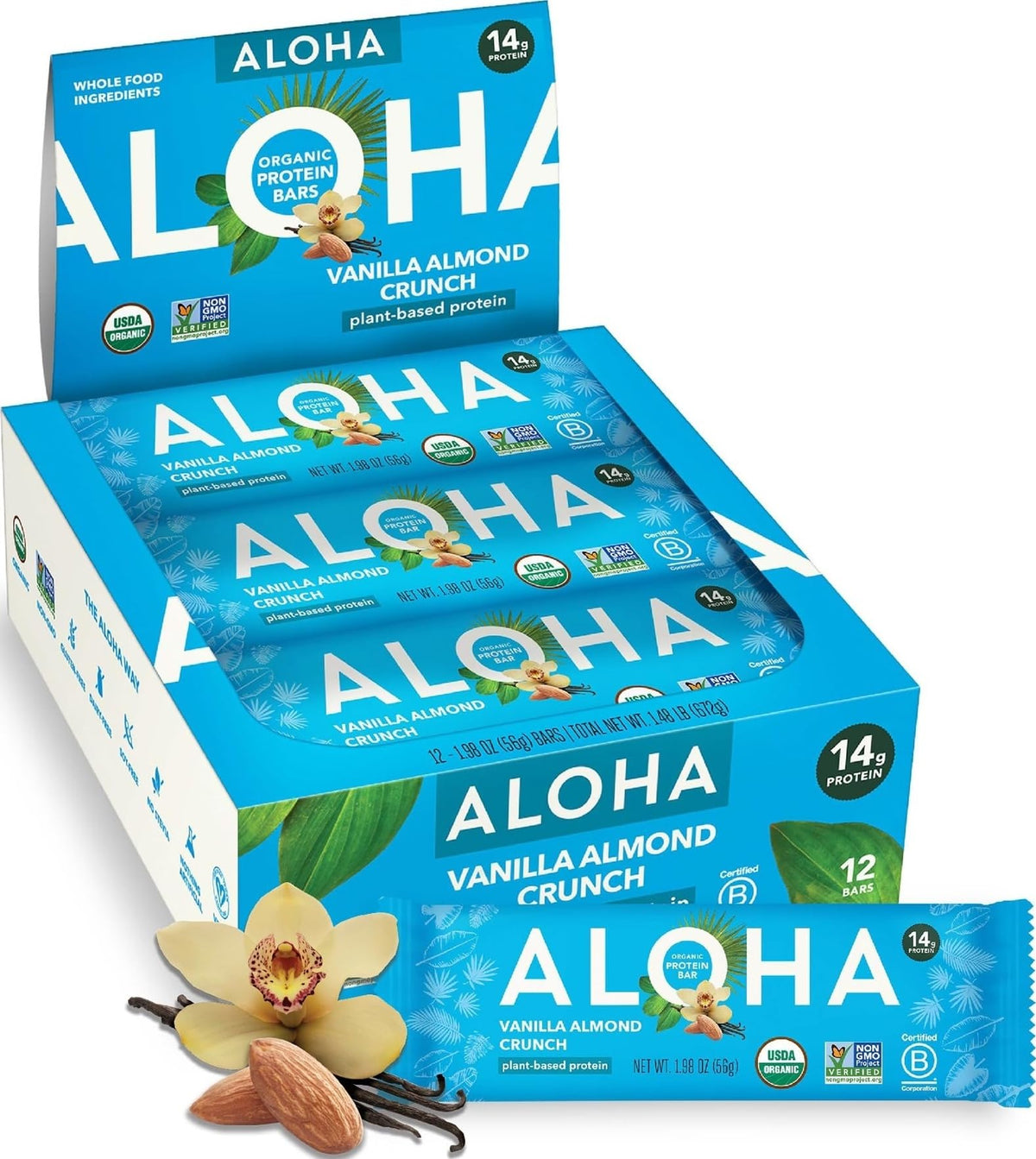 ALOHA front packaging showing organic vanilla almond crunch and benefits