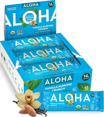 ALOHA front packaging showing organic vanilla almond crunch and benefits