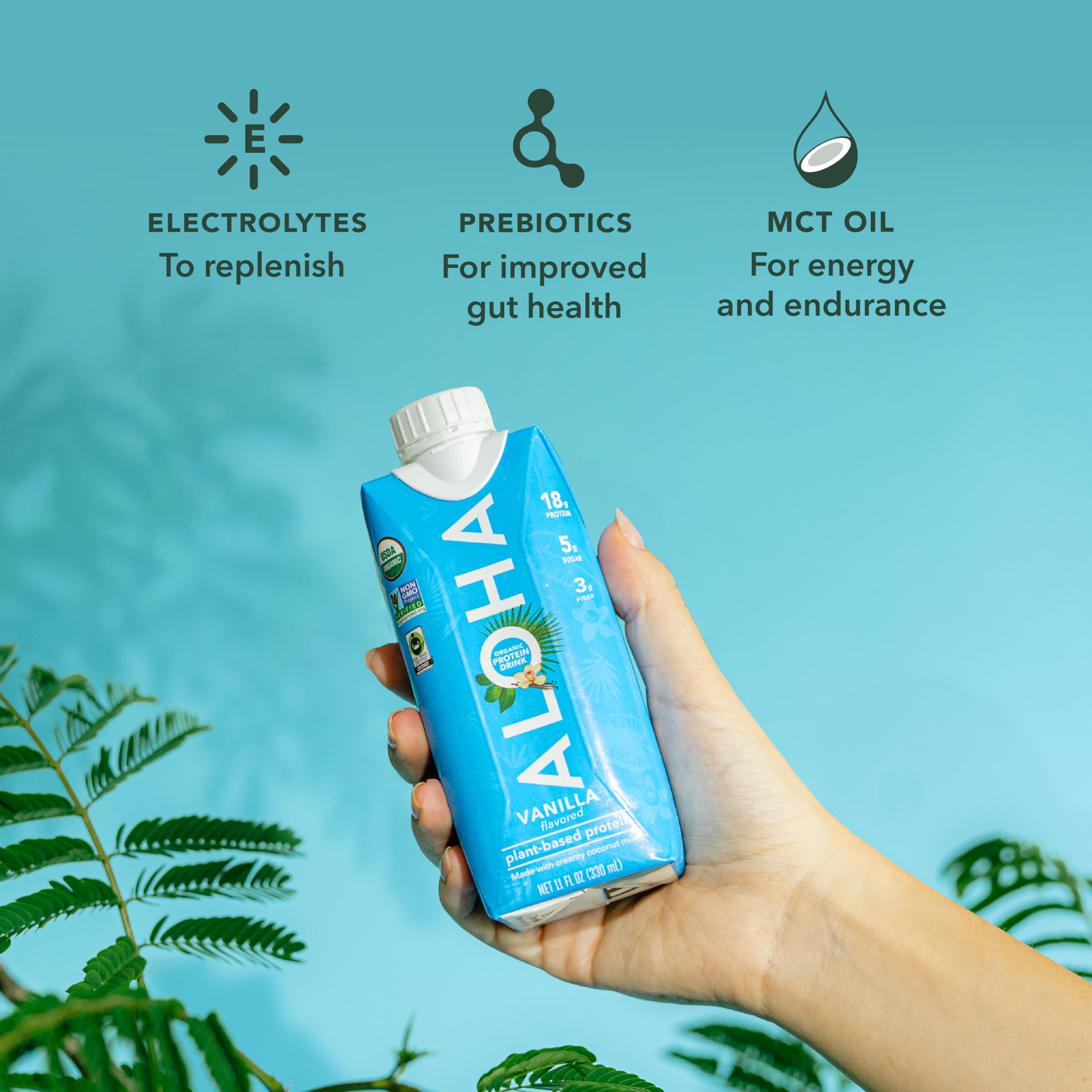 ALOHA pouring vanilla drink into glass highlighting creamy texture