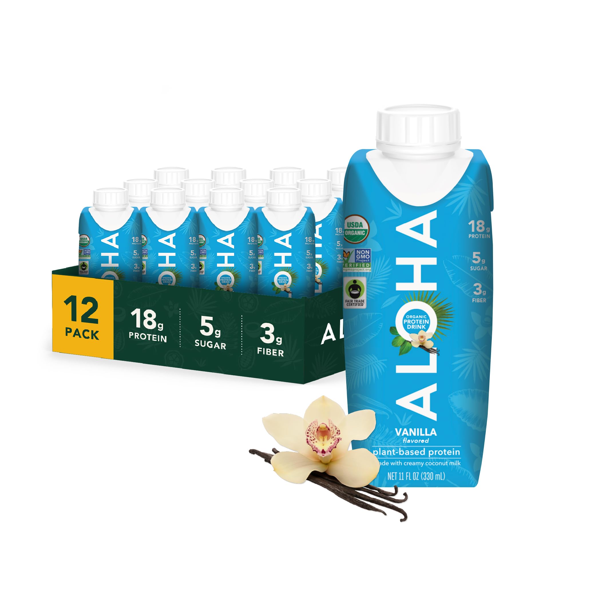 ALOHA front packaging showing vanilla flavor and nutrition benefits