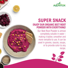Alovitox beetroot powder blended into a vibrant smoothie for energy