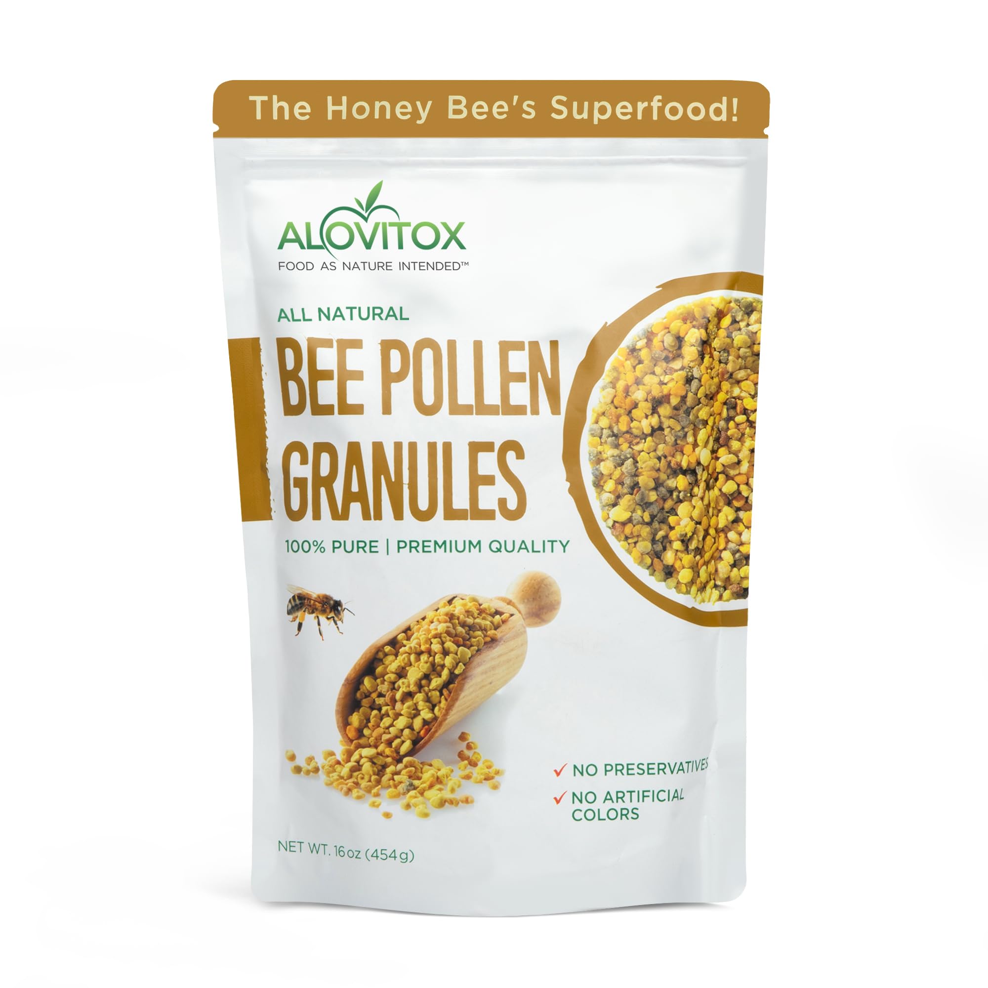 Alovitox front packaging showing pure bee pollen and clear label benefits