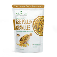 Alovitox front packaging showing pure bee pollen and clear label benefits