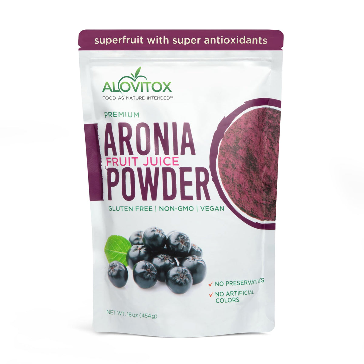 Alovitox front packaging jar showing brand and pure aronia powder benefits