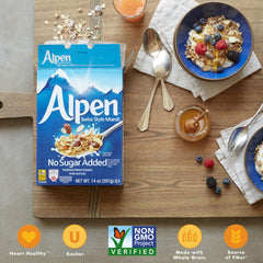 Alpen muesli served in a bowl with milk, illustrating hearty high-fiber breakfast