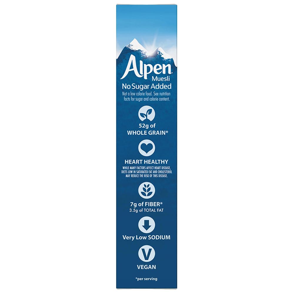 Alpen cereal box nutrition label close-up emphasizing no added sugar information