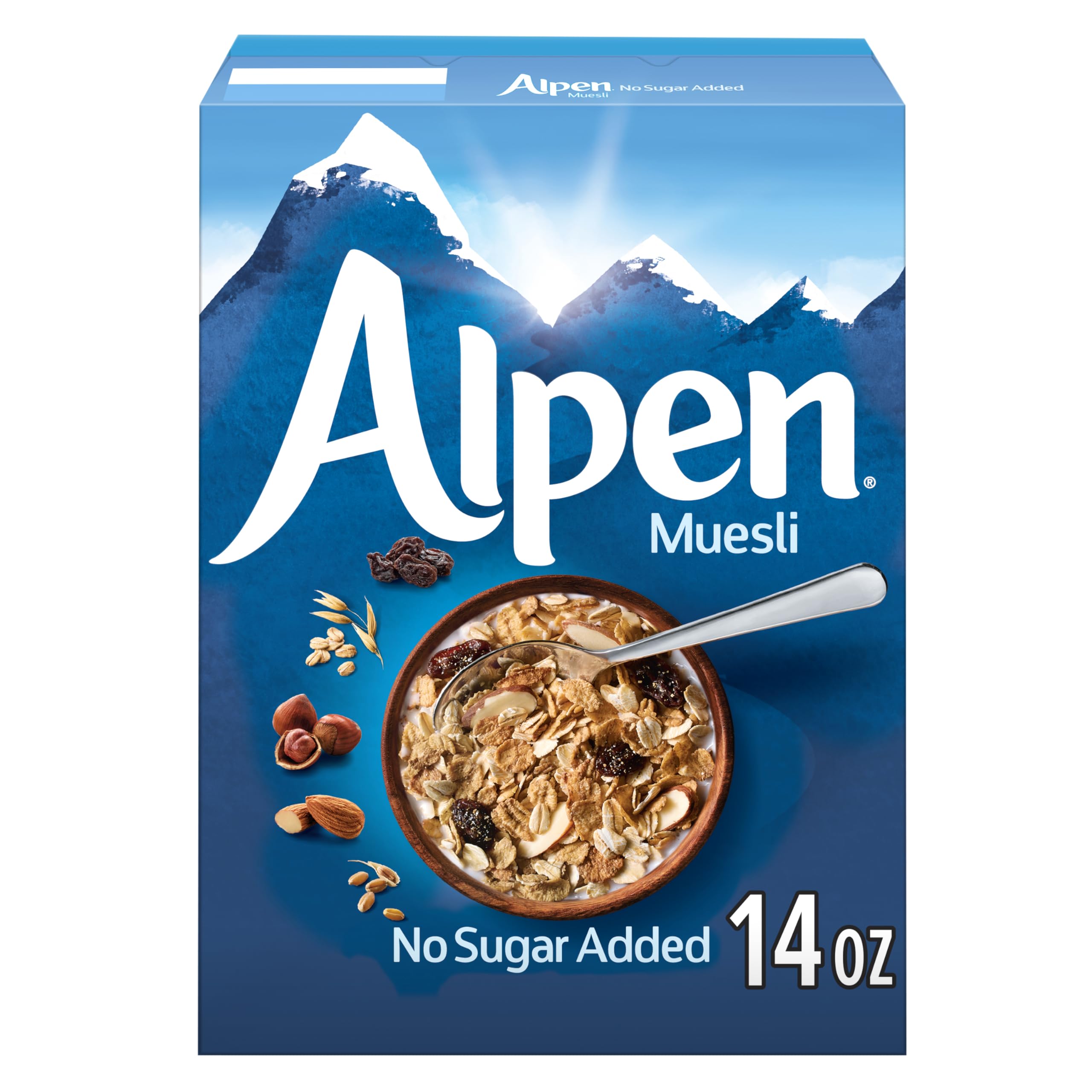 Alpen box front view showing muesli mix and branding for wholesome breakfasts