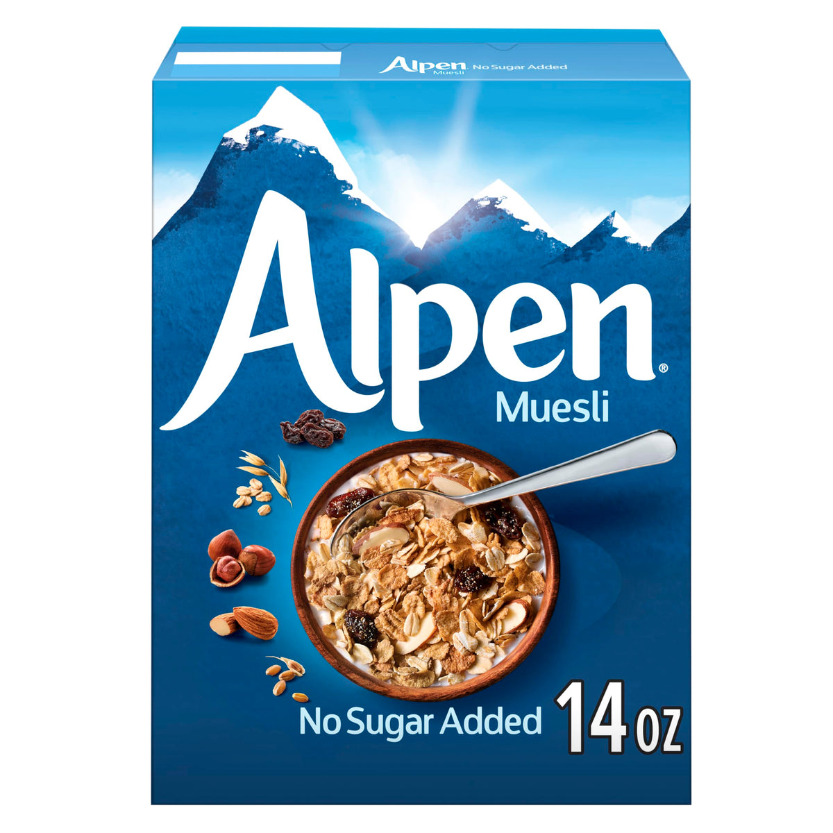 Alpen box front view showing muesli mix and branding for wholesome breakfasts