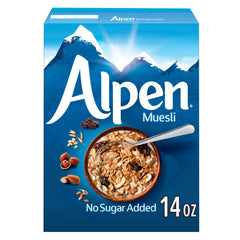 Alpen box front view showing muesli mix and branding for wholesome breakfasts