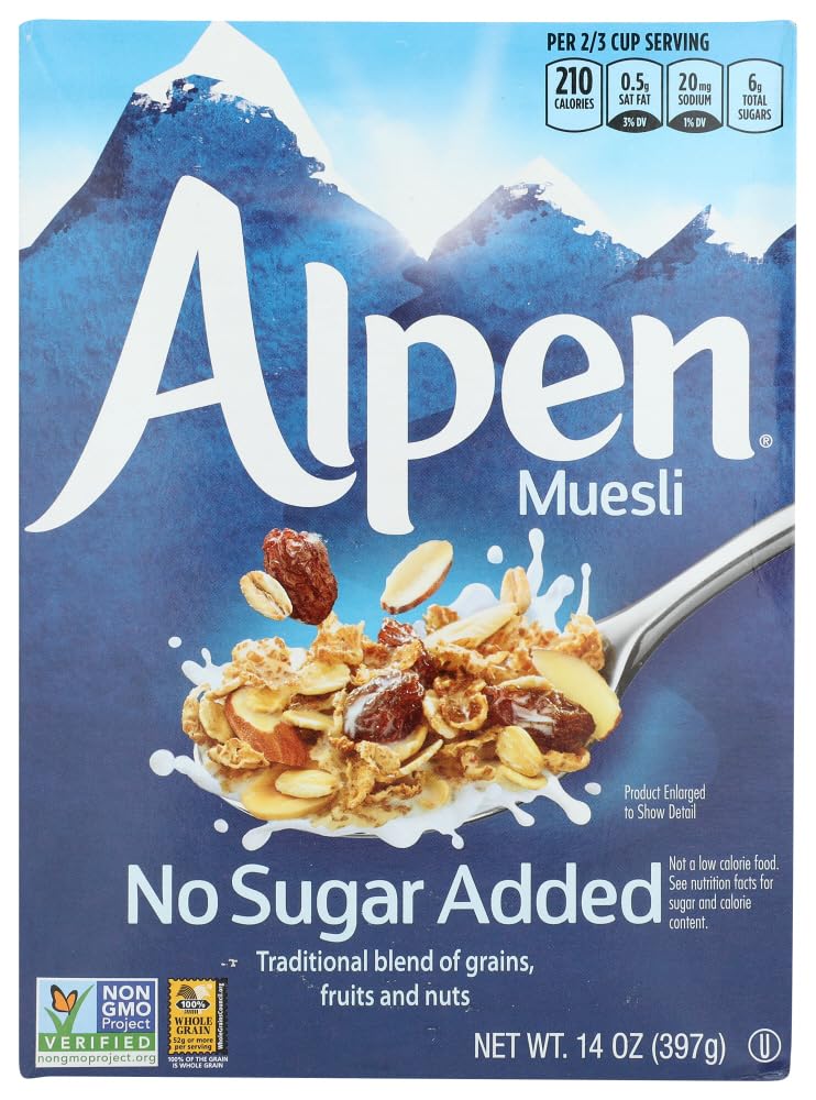Alpen front packaging showing no sugar added label and full ingredients list benefits