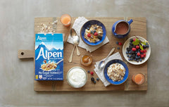 Close-up of Alpen ingredients showing oats, wheat flakes and nut texture benefits