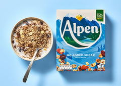 Alpen Museli No Added Sugar poured into a bowl with milk showing easy serving