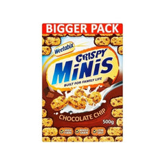 Alpen Weetabix Crispy Minis front pack showing chocolate chips and wholegrain benefits
