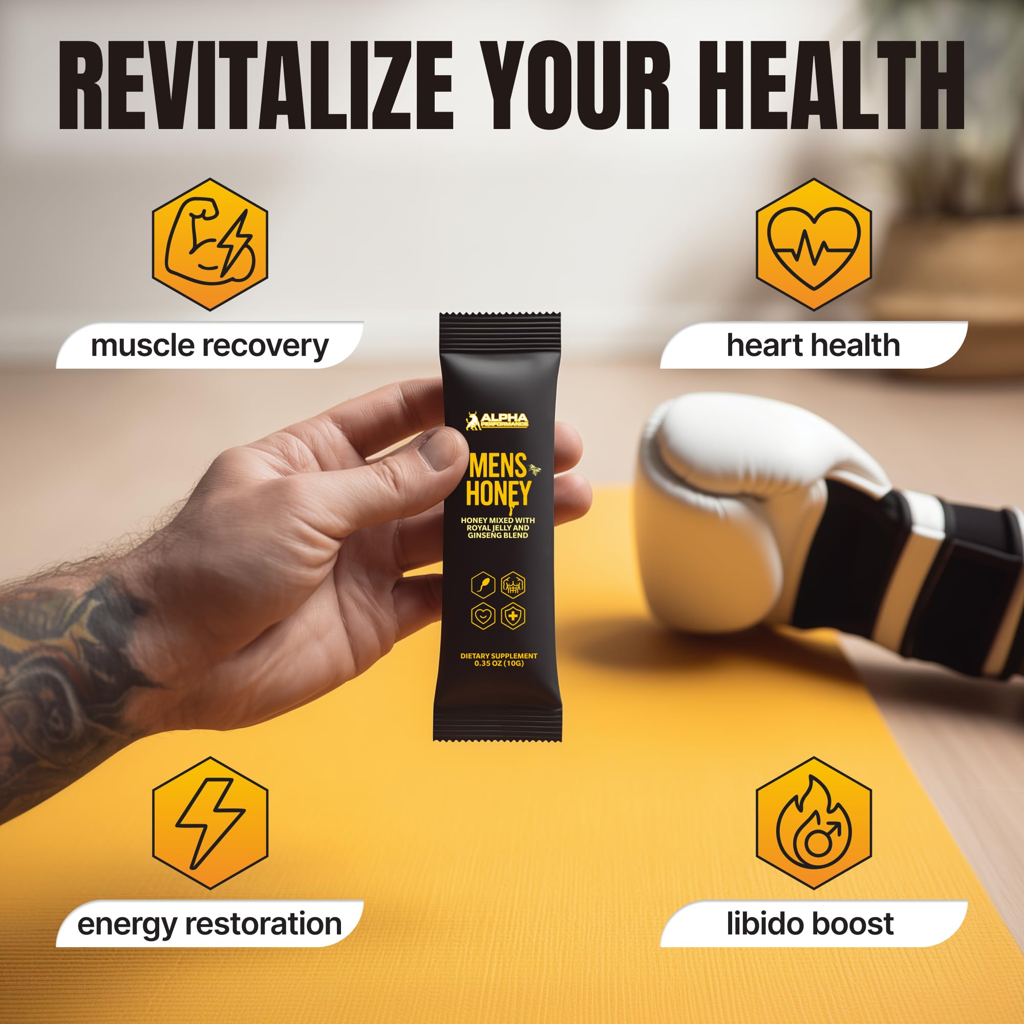 Alpha Performance honey texture detail emphasized for natural ingredient clarity