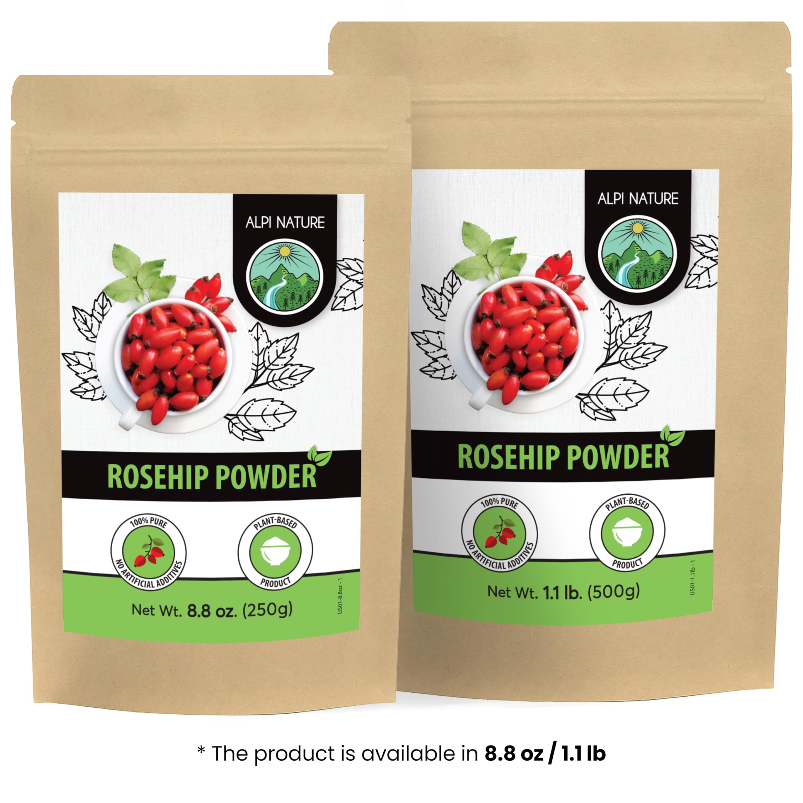 Alpi Nature rosehip powder next to a ruler showing the package size